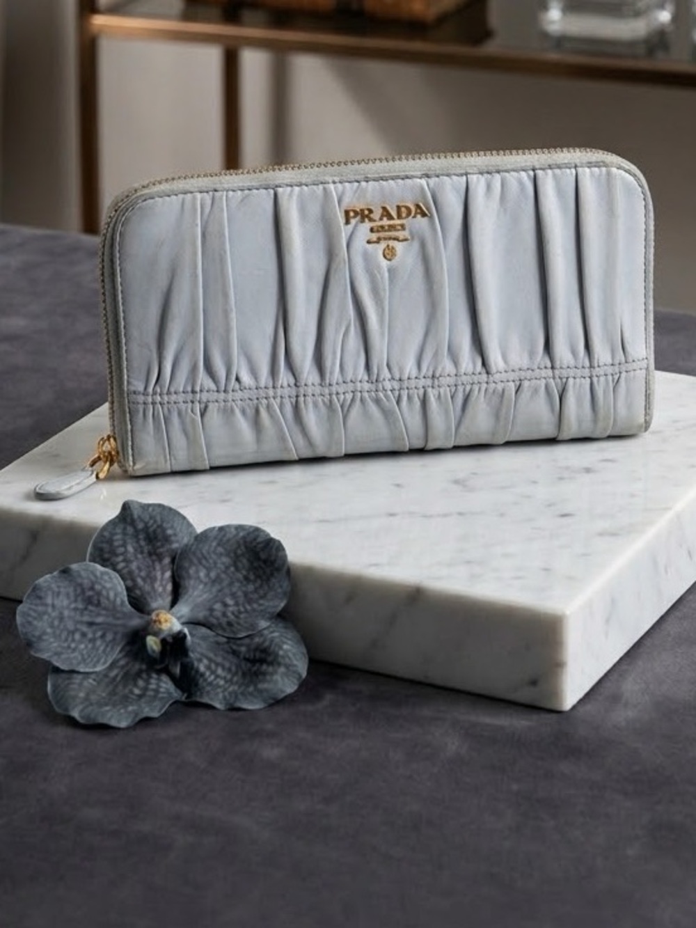 Prada Gaufre Nappa Leather Zip Wallet Blue Grey Rare Color